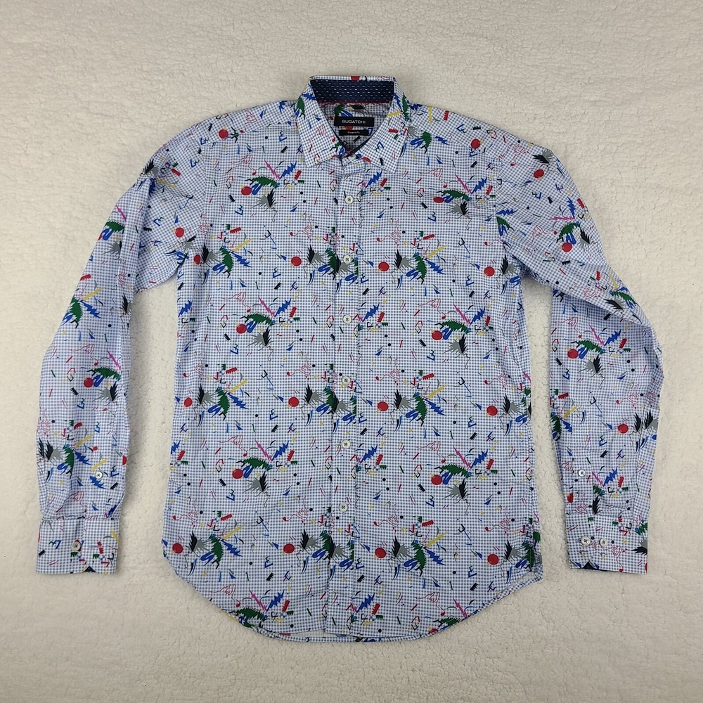 BUGATCHI Dress Shirt Mens‎ Small Shaped Fit Geometric Preppy Button Up